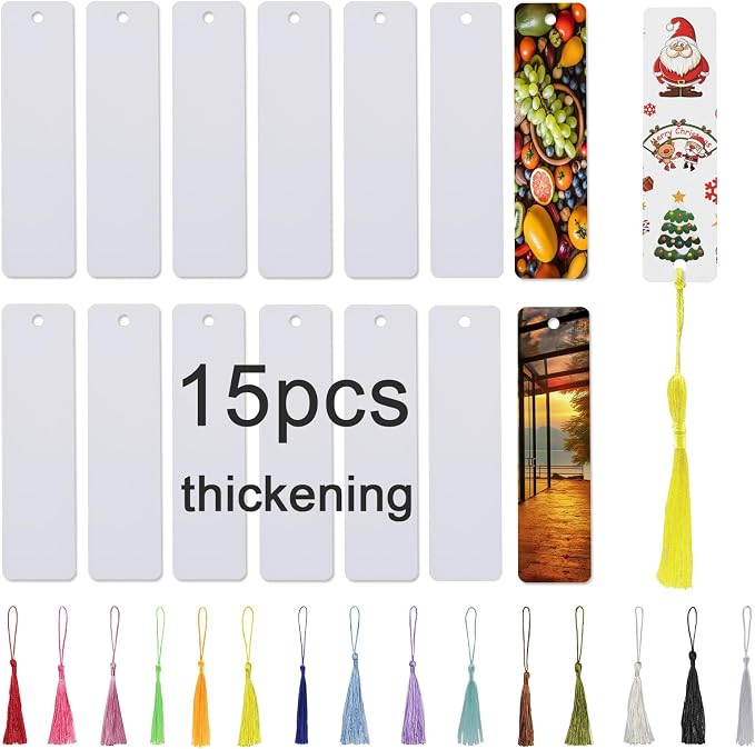 15 Pcs Sublimation Bookmark Blank Heat Transfer Aluminum Metal Bookmarks Bulk DIY Bookmarks with Hole and Colorful Tassels for Crafts,Personalized Tassels Blank