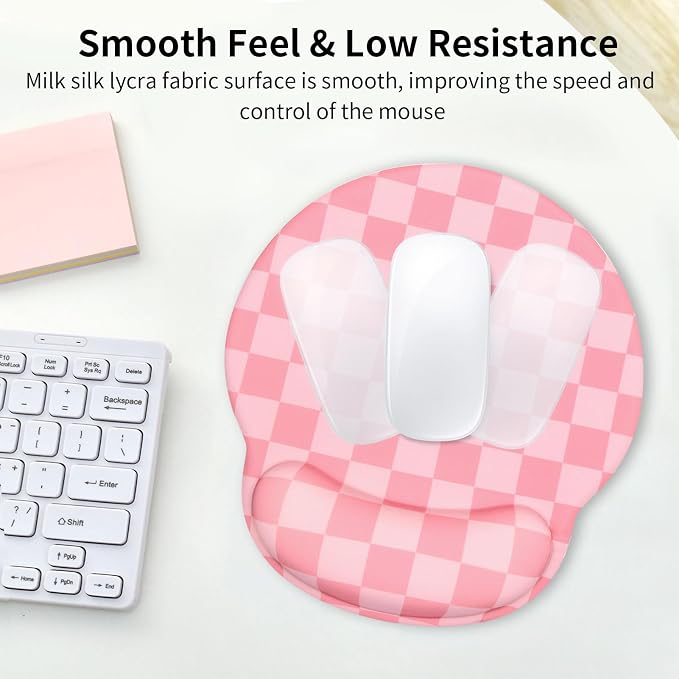 Retro Checkered Mouse Pad with Support Wrist Rest,Cute Funny Boho Ergonomic Mouse Pad with Non-Slip Base for Office Gaming Working Computers,Desk Accessories Pain Relief,Rose Pink