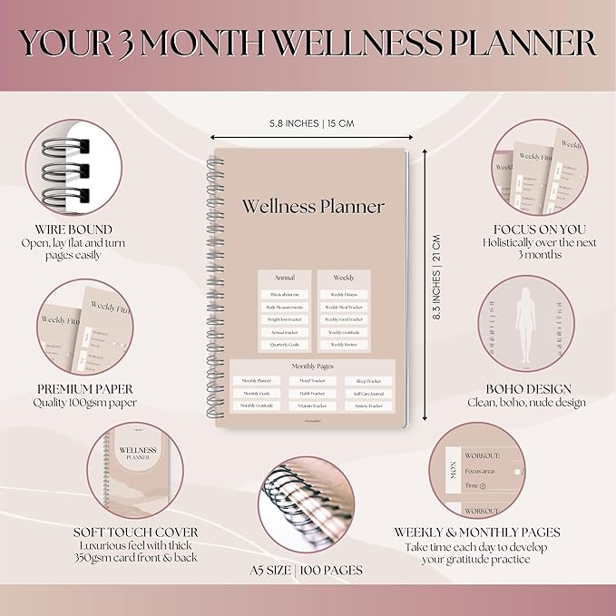 Wellness Journal - 90 Day Health, Fitness, Gratitude, Mindfullness, Wellbeing, Habit, Goals, Diet & Food Tracker - A5 (Lux)