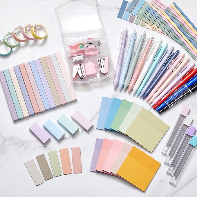 Sinload 60 Pcs Aesthetic Book Annotation Kit Pencil Case with Highlighter Gel Pen Mechanical Pencil Magnetic Bookmarks Transparent Sticky Note Tabs Mini Office Supplies(Cream Beige)