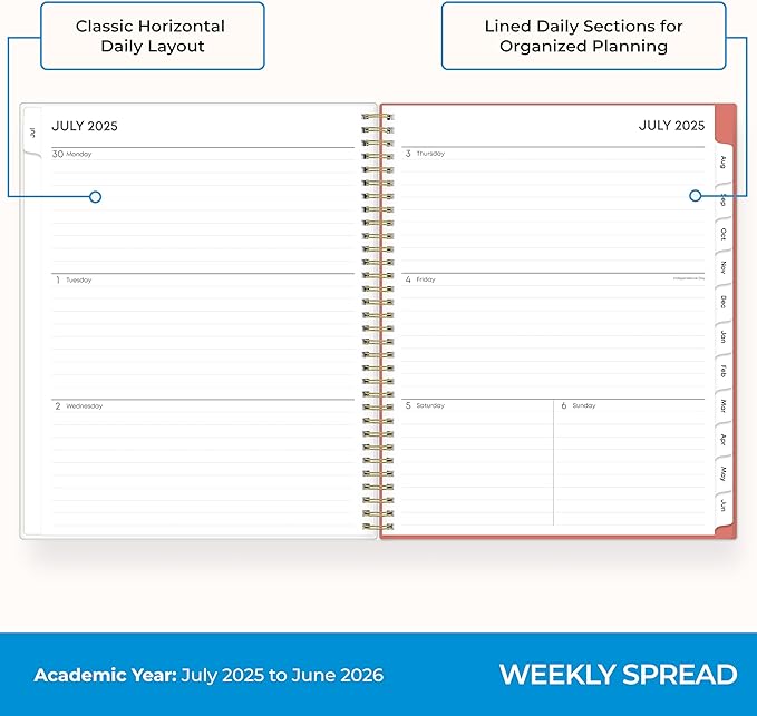 Blue Sky 2025-2026 Weekly and Monthly Academic Year Planner Calendar, July 2025 - June 2026, 8.5" x 11", Flexible Cover, Wirebound, Storage Pocket, Cali Pink
