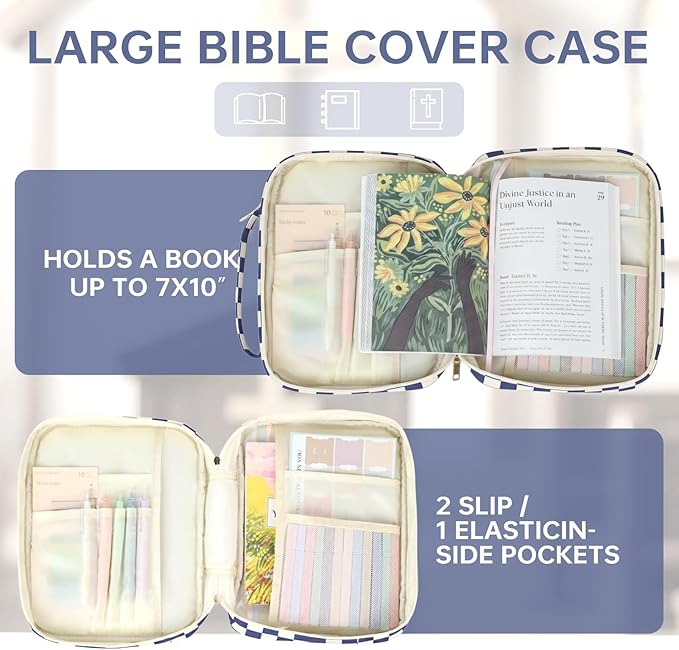 Bible Cover Case for Women Corduroy Bible Case for Girls Large Bible Cover with Handle Bible Study Supplies Accessories Christian Gifts for Women (Purple-Checkered, Medium)