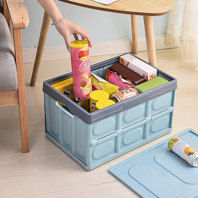 Lidded Storage Bin 2 Pack Plastic Storage Crates, 28L-Blue Stackable Plastic Storage Boxes Container, Collapsible Shelf Basket with Lid Home Office Kitchen Car Clothes Shoes Books Grocery Bins Holder