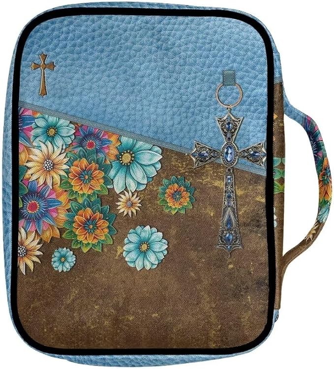 Coldinair Floral Cross Bible Cover for Women,Canvas Carrying Book Case Church Bag Bible Holder with Handle and Zippered Pocket