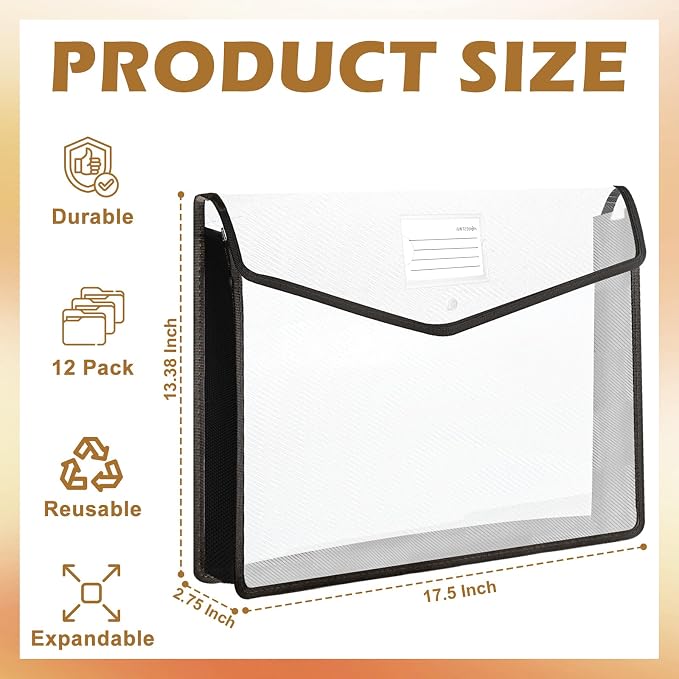 12 PCS 11 x 17 Inch Expandable Tabloid Size Document Folder with Label A3 Plastic Folders for Documents Black Expanding File Wallet Envelope Size Waterproof Clear Plastic File Pouch for Office