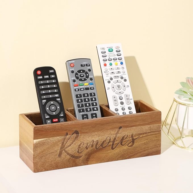 Remote Control Holder, Acacia Wooden Pencil Holder TV Remote Holder with 3 Compartments, Remote Caddy for Table, Small Desktop Organizer for Home Office