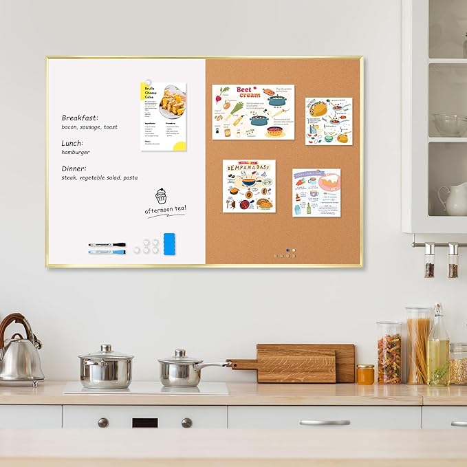 White Board Cork Board Combo, 36'' x 24'', Magnetic Dry Erase Board and Pin Board for Wall, Gold Aluminum Frame Bulletin Board for Home Office School with Accessories