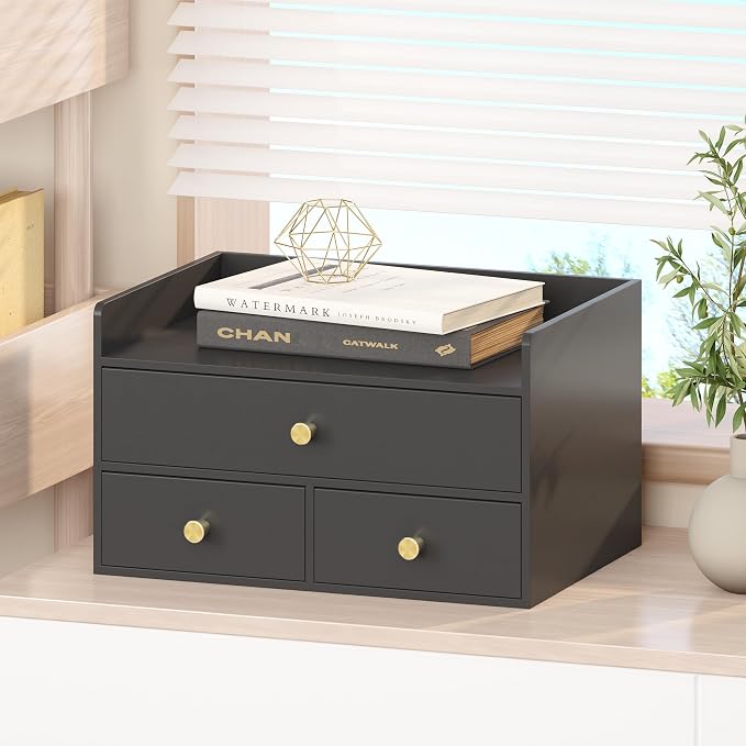 Bamboo Desk Organizer with Drawers Wooden Desktop Storage Drawers (1, Black 3 Drawers)