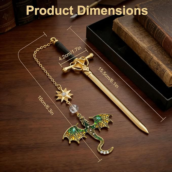 Vintage Metal Dragon Sword Bookmark, Fourth Wing Inspired Fantasy Book Markers, Cool Unique Bookmarks for Adults & Book Lovers, Personalized Dragon Gifts for Men(Yellow)