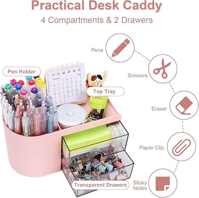 Meiikun Desk Organizer with Drawer, Pen Organizer for Desk, Small Pencil Holder, Desk Organizers and Accessories for Office Home Storage (2 Drawers+4 Compartments, Pink)
