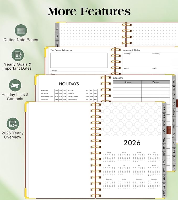 2026 Planner, Hardcover Leather Weekly and Monthly Planner, January 2026 - December 2026, Spiral Yearly Agenda Organizer Book 2026 with Tabs, Daily Calendar Planners for School Work Home, A5 (5.75" x 8.38"), Brown