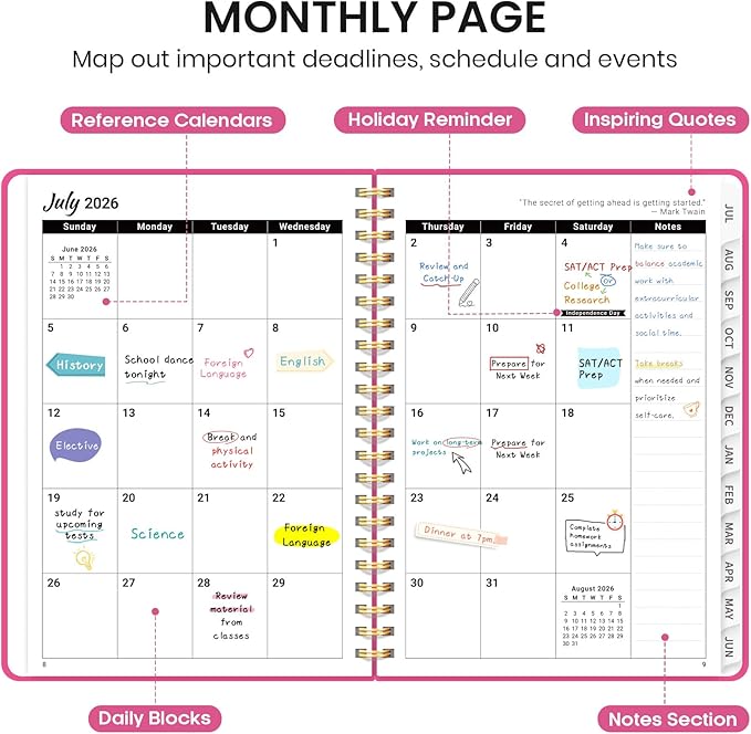 Planner 2026-2027 for Women & Men, Academic Monthly and Weekly Calendar Planner, Jul 2026 - Jun 2027, A5 (6.3" x 8.5"), Teacher Student Planning Book with Tabs, Ideal for Office School Supplies - Berry Pink