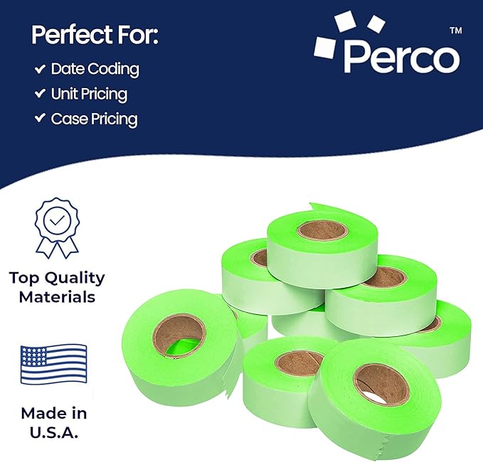 Perco Fluorescent Green Garvey 2216 Pricing Labels for Garvey 22-66/22-77/22-88 Two Line Pricing Gun - 9 Rolls, 1 Sleeve - 9,000 Pricemarking Labels and 1 Inker Included