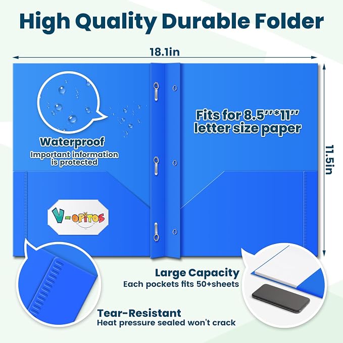 V-Opitos 36 Packs 2 Pocket Folders with 3 Prongs Fastener Clasps, Bulk Heavy Duty Plastic Folders, Multicolor Files Folders in 6 Colors for School and Office