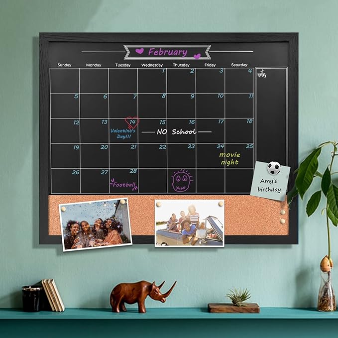 TORASO Magnetic Chalkboard Calendar Corkboard, 18" x 22" Combination Chalk Board Bulletin Board, Black Wood Framed Blackboard Calendar Cork Combo Board(ZHHB-BK-4555)