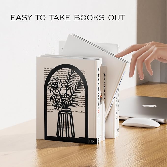 3 Pair Metal Bookends,Decorative Book Ends for Shelves,Non-Slip Book Stopper for Heavy Books,Flower Shelf Holder for Home School Office