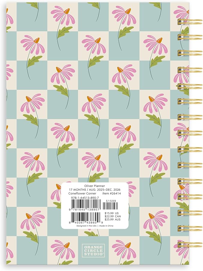 Orange Circle Studio Academic Planner 2026, Coneflower, 17-Month Oliver Planners, Wire-O Bound Monthly Calendar Book, Appointment, Goal & Budget Trackers, Includes 100 Full Color Stickers