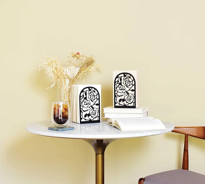 CNK Premium BookEnds - Heavy Duty Metal Book Stoppers for Home Office, Decorative Book Shelf Holders (Rose Black)