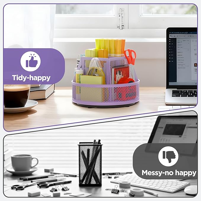 Docnest 360° Rotating Pen Holder,Heavy-Duty Metal Mesh Desk Organizer with 6 Compartments for Pencils,Scissors & Markers –Space Saving Office Supply for Teachers, Students & Home Desk-Purple