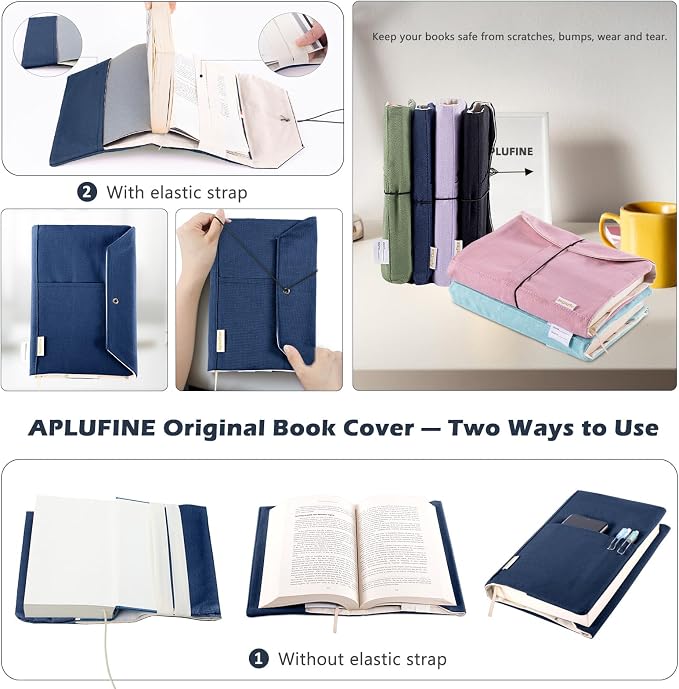 Canvas Book Covers, Washable Book Protector, Book Cover for Paperback Novels, Adjustable Book Cover for Hardcover with Pockets for Pen, Soft Cover Books, Book Lovers Gifts