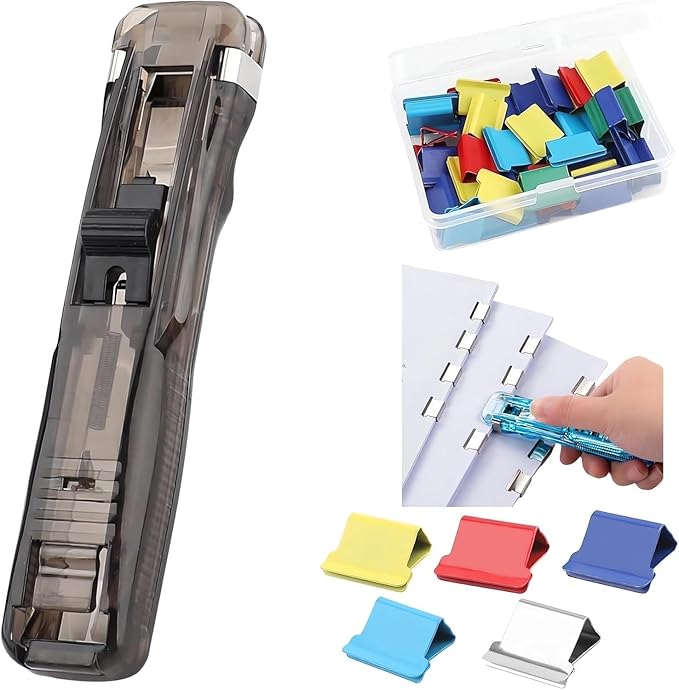Portable Binder Clip Stapler, Includes 50 Reusable Clips, Push Clip Stapler, Small Binding Office Supplies Handheld Staplers Staples Set, Binder Clips Paper Clamps (G)