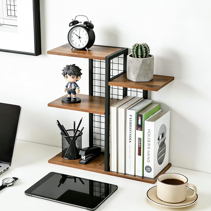 4-Tier Desktop Shelf Organizer, Desk Bookshelf with Wood Shelves and Metal Frame, Space-Saving Tabletop Storage Rack for Books, Decor and Office Supplies, for Home Office or Dorm