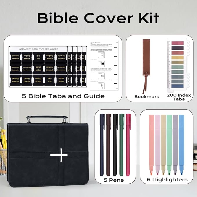 XKDOUS Bible Cover Case Leather Book Carrying Case Large Bible Bag Organizer with Cross, Handle, Pens, Tabs, Study Supplies Journaling Kit Christian Gifts Father Day for Dad, Men, Women, Lady
