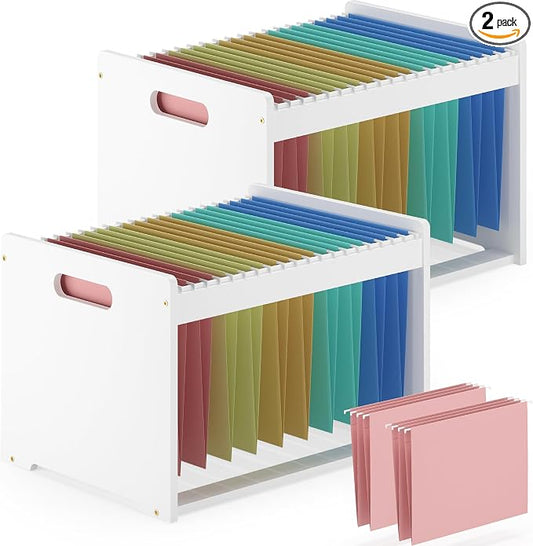 Hanging File Organizer Box for Letter Size, 2 Pack Bamboo File Folder Organizer, Storage Moving Boxes with Handle Wood Desk Filing Box for Office Banker Document