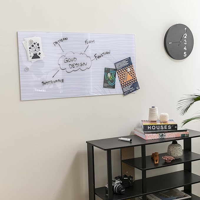 ECR4Kids MessageStor Dry-Erase Glass Board and Magnets, Office Essentials, White Waves