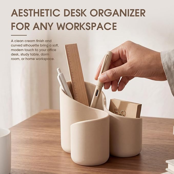 Aesthetic Desk Organizer Boho Pen Holder Modern Pencil Holder Beige Plastic Makeup Brush Organizer for Office Desk Accessories Stylish Home Office Art Decor Supplies (3 Slots)