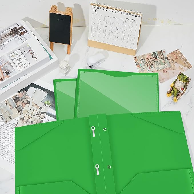 Henoyso 18 Pcs Plastic Folder with Clear Front Pocket and 3 Prong Plastic Folders with Card Slot Pocket Folders with Prongs for School Office (Fresh Green)