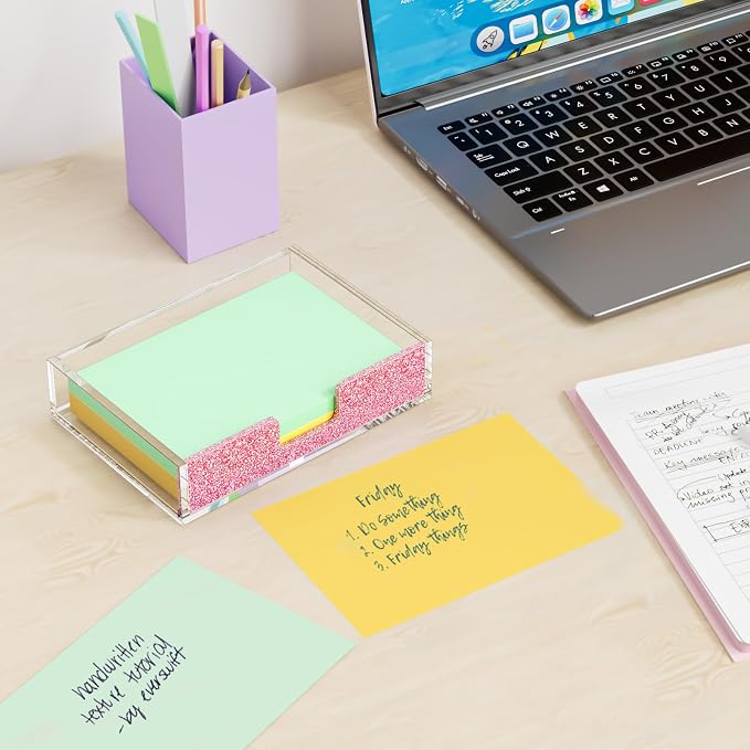 Acrylic Notepad Dispenser Organizer - 4 x 6 in Clear and Glitter Pink Sticky Note Holder W/O Pads Memo Holder for Dorm Room School Classroom Office Desk Organizer Aesthetic Supplies