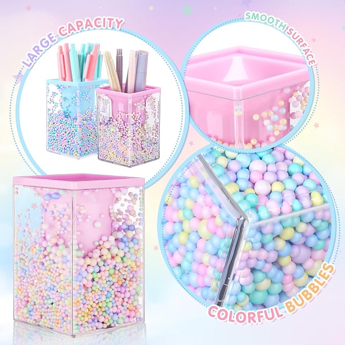 Zonon 2 Pieces Bubble Pen Holder for Desk Cute Makeup Brush Organizer & Pencil Holder with a Playful Sphere Design, Kawaii Desktop Accessories for Women, Office & School(Blue and Pink)