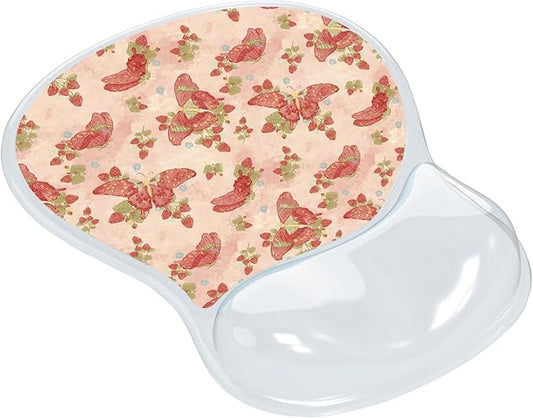 AUPET Ergonomic Mouse Pad with Gel Wrist Support – Non-Slip Mouse Mat with Comfortable Memory Gel Cushion – Relieves Wrist Pain – Designer Pattern for Home Office & Gaming (Pink Butterflies)