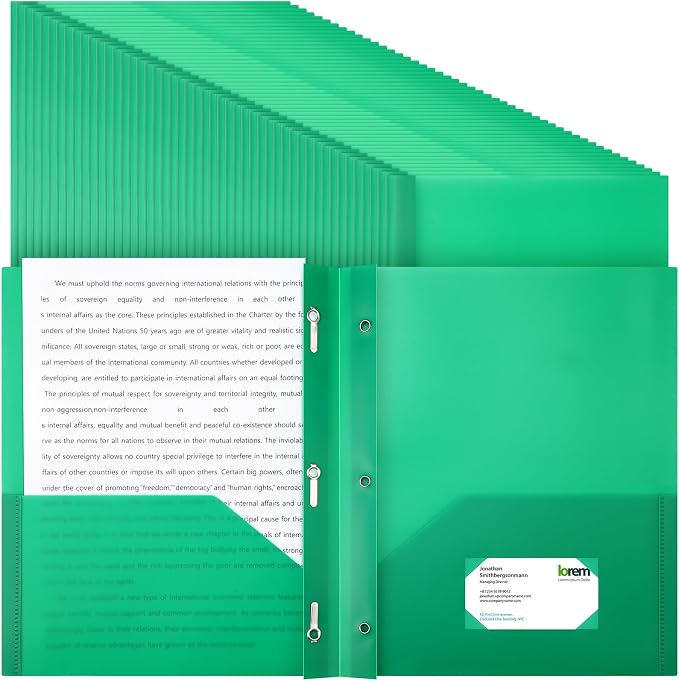 Cholemy 54 Packs Pocket Folders with Prongs Heavy Duty Plastic Folder with Business Card Slot 3 Prong Fasteners for School Office (Green)
