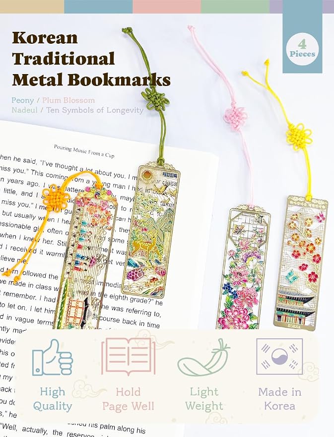 4 Pieces Metal Bookmark (Peony, Ten Symbols of Longevity, Nadeul, Plum Blossom) + 4 Envelopes - Korean Traditional Bookmark 책갈피 목단, 십장생, 나들이, 궁궐매화