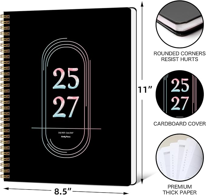 2025-2027 Monthly Planner, July 2025-June 2027, A4 (8.5" x 11"), 2 Year Monthly Planner, 24 month Calendar, Simple Calendar Planner Notebook Cardboard Cover, Suitable for Schools & Offices, Black