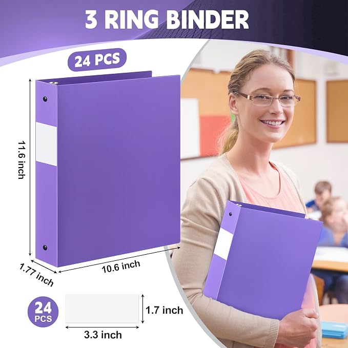 Henoyso 24 Pcs Purple 1.5" 3 Ring Plastic Binder Bulk, 1 1/2 Inch Soft Flexible Binders Round Rings, Fits Letter Size 8.5'' x 11'' Paper, Holds 350 Sheets, for School Office