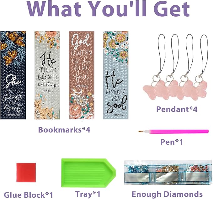 Bible Diamond Art Bookmarks for Adults, 4 PCS Bible Diamond Painting Bookmarks with Pendant, 5d Gem Art, Acrylic Bookmark Easy DIY Crafts for Books Decor Gift