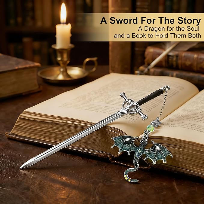 Fourth Wing Dragon Bookmarks,Fantasy Sword Bookmark,Metal Book Markers with Dragon Pendant, Cool Gifts for Men Boys Readers, Perfect Birthday Graduation Presents for Book Lovers (Green&Purple)