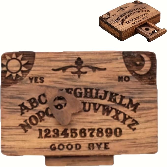 Veloshine Wooden Mini Spirit Board with Storage Drawer, Gothic Letters and Numbers, Sunburst Design, Decorative Ouija-Style Home Ornament