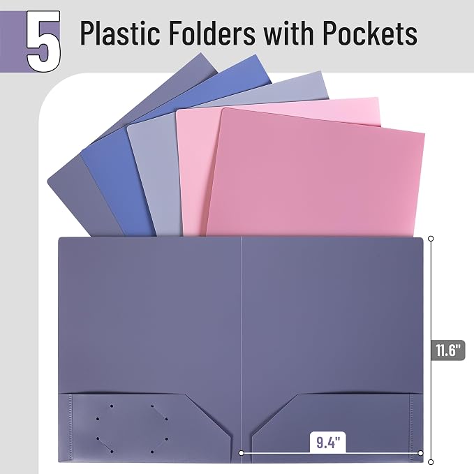 Mr. Pen- Plastic Folders with Pockets, 5 pcs, Aesthetic File Folder with Business Card Slot, 2-Pocket Folder, Back to School, Office, Filing Supplies