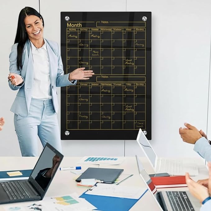 Glass Whiteboard Calendar Dry-Erase White Board Planner Glass Large Wall Mounted Calendar with Marker Tray for Wall Home or Office(Black,24" X 18",2 Month)