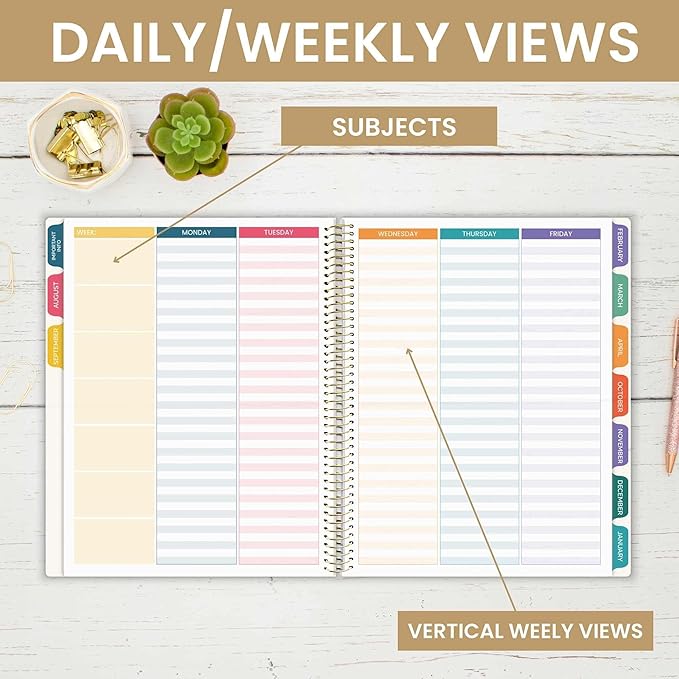 bloom daily planners Undated Academic Year Teacher Planner & Calendar - 7 Period Lesson Plan Organizer Book with Frosted Cover (9" x 11") (Interchangeable Cover) - Bold & Bright