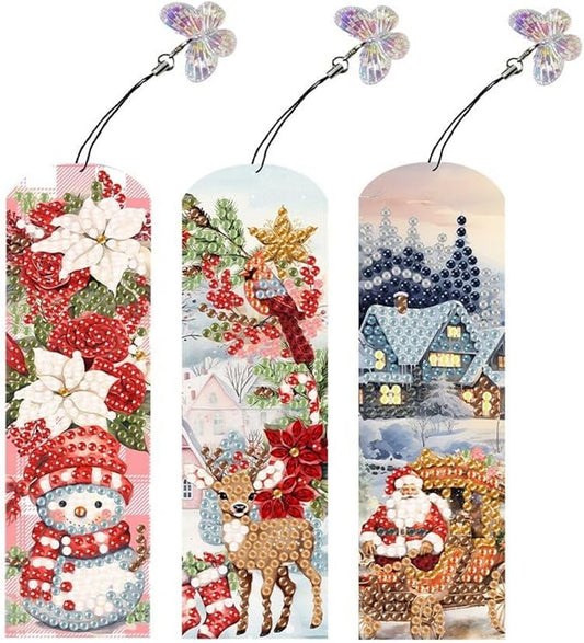 ARTopet 3Pcs DIY Diamond Art Painting Bookmarks with Colorful Butterfly Pendant PET Bookmark Ornament Double Sided Pattern Single Sided Diamond Book Marker Clip Gifts Tags-Christmas02