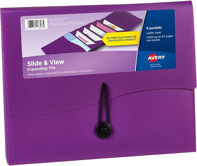 Avery Slide & View Expanding File Folder, 6 Pockets, Letter Size, 1 Plum Folder (73543)