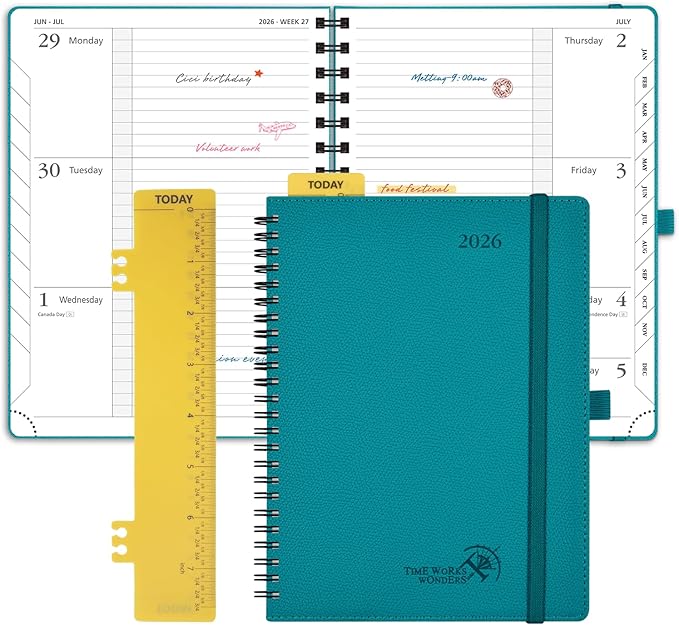 POPRUN 2026 Planner (Jan.-Dec.), Medium-6.75" x 8.75", Horizontal Weekly Notebook, 12-Month Calendar Book with Monthly Tabs, Spiral Soft Cover, Inner Pocket, 100 GSM - Pacific Green