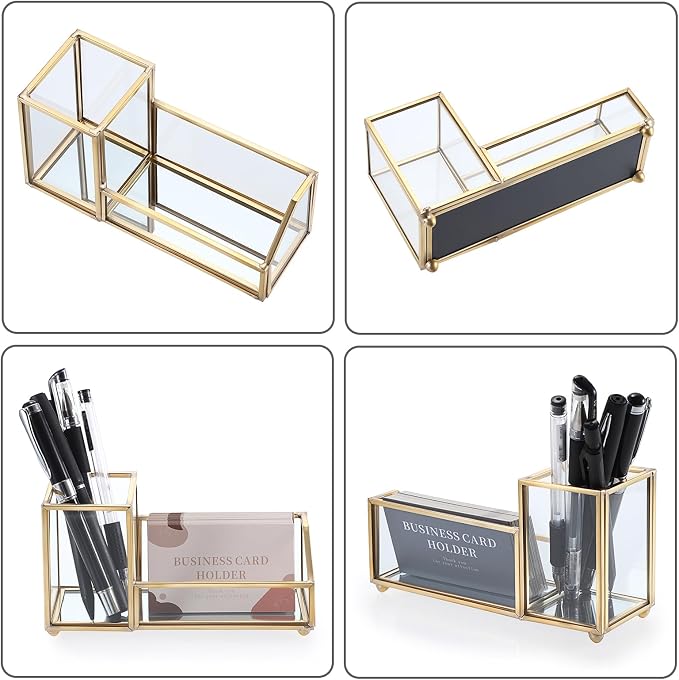 Hipiwe Glass Business Card Holder with Pen Pencil Holder Cup Gold Metal Name Card Display Organizer Desktop Business Card Storage Case for Office Desk, 2 Slots