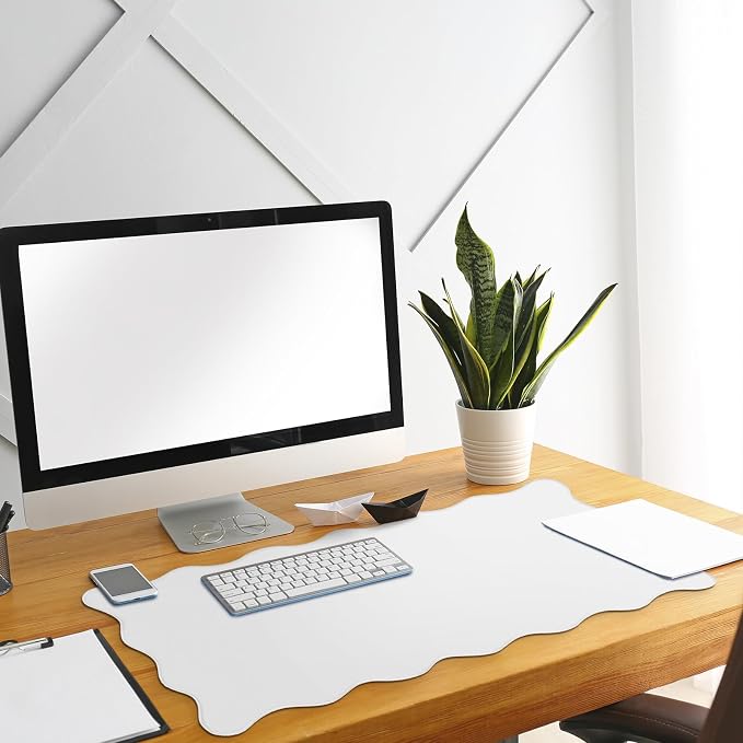 Hahafelt Scalloped Desk Mat Large Desk Pad Cute Coquette Table Mat Back to School Preppy Table Make up Pad Nonslip Graduation Gift with Stitching Waterproof Gaming(White,31.5 x 15.8 Inches)