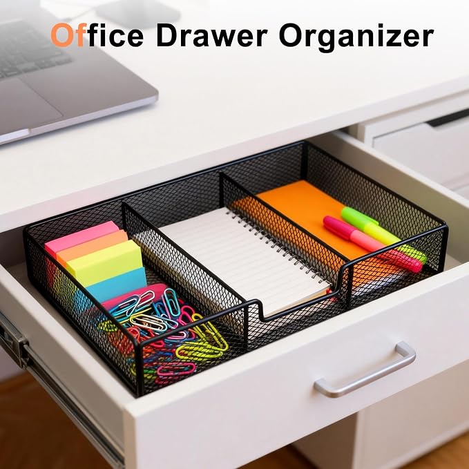 Desk Drawer Organizer, Metal Mesh Small Shallow Drawer Organizers Junk Organizer Tray with 3 Compartments, Pen Pencil Storage Box for Office Supplies Desk Accessories Workspace School Organization
